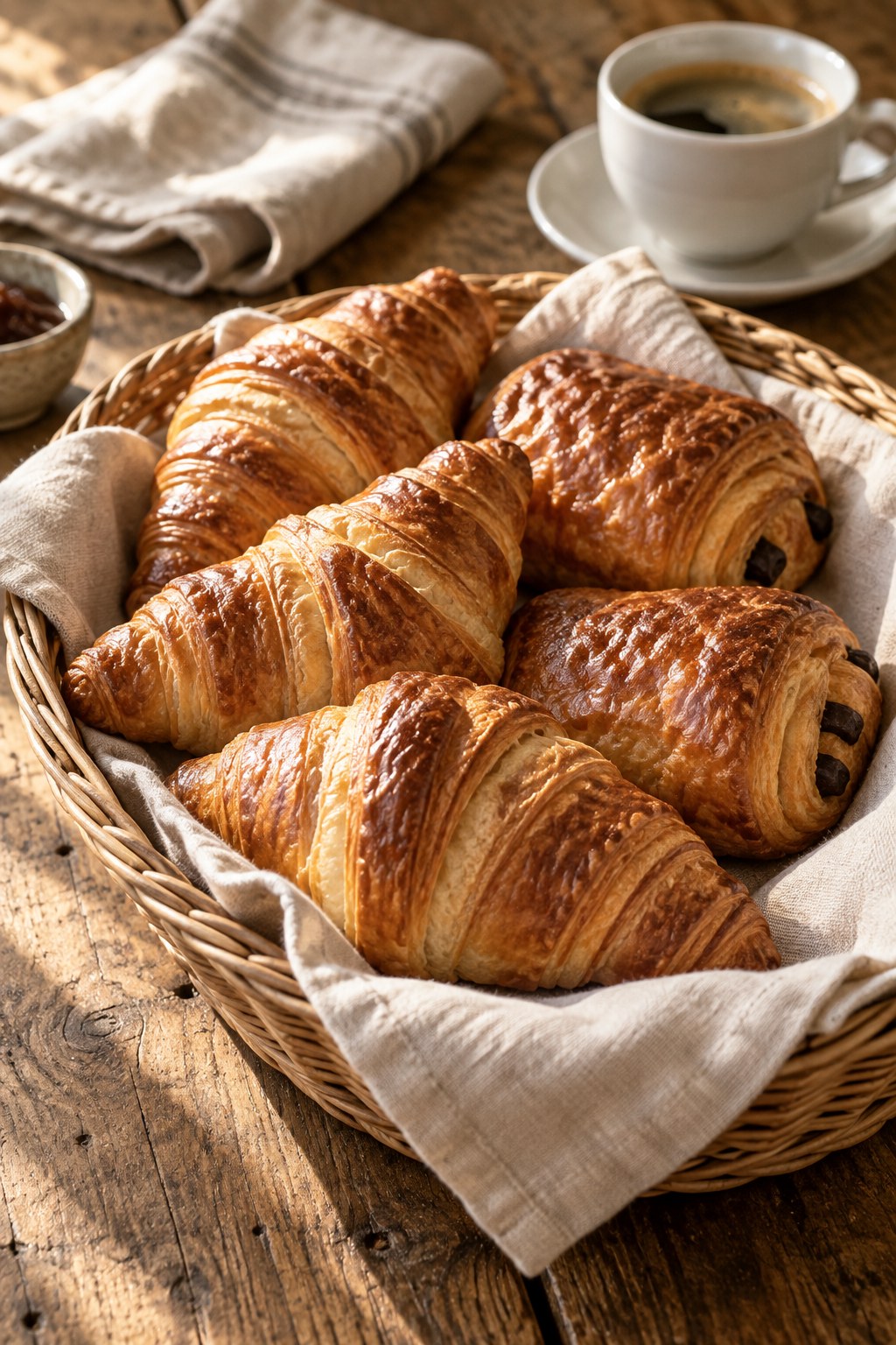 Panier de viennoiseries sur une table, illustration d’ambiance